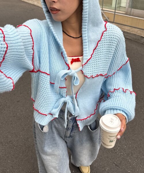 HELLO.SANFRANCISCO（ハローサンフランシスコ）の「★【HELLO.SANFRANCISCO/ハローサンフランシスコ】配色メローパッチワークフーディーカーデ（カーディガン/ボレロ・レディース・イエロー/ブルー/グレー/オフホワイト・ONE SIZE）」の3枚目の写真