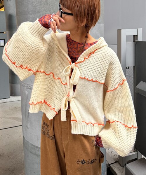 HELLO.SANFRANCISCO（ハローサンフランシスコ）の「★【HELLO.SANFRANCISCO/ハローサンフランシスコ】配色メローパッチワークフーディーカーデ（カーディガン/ボレロ・レディース・イエロー/ブルー/グレー/オフホワイト・ONE SIZE）」の7枚目の写真