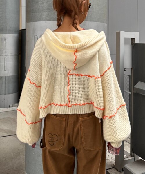 HELLO.SANFRANCISCO（ハローサンフランシスコ）の「★【HELLO.SANFRANCISCO/ハローサンフランシスコ】配色メローパッチワークフーディーカーデ（カーディガン/ボレロ・レディース・イエロー/ブルー/グレー/オフホワイト・ONE SIZE）」の9枚目の写真