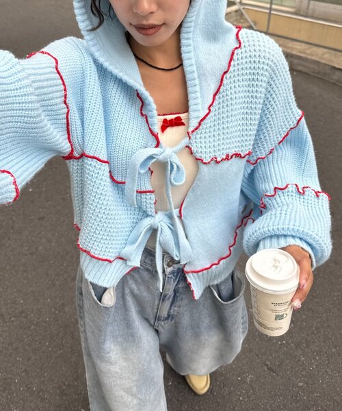 HELLO.SANFRANCISCO（ハローサンフランシスコ）の「★【HELLO.SANFRANCISCO/ハローサンフランシスコ】配色メローパッチワークフーディーカーデ（カーディガン/ボレロ・レディース・イエロー/ブルー/グレー/オフホワイト・ONE SIZE）」の14枚目の写真