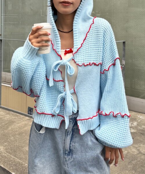 HELLO.SANFRANCISCO（ハローサンフランシスコ）の「★【HELLO.SANFRANCISCO/ハローサンフランシスコ】配色メローパッチワークフーディーカーデ（カーディガン/ボレロ・レディース・イエロー/ブルー/グレー/オフホワイト・ONE SIZE）」の15枚目の写真