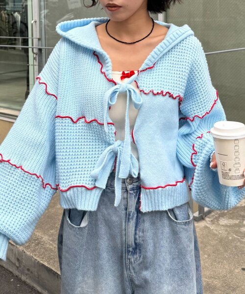 HELLO.SANFRANCISCO（ハローサンフランシスコ）の「★【HELLO.SANFRANCISCO/ハローサンフランシスコ】配色メローパッチワークフーディーカーデ（カーディガン/ボレロ・レディース・イエロー/ブルー/グレー/オフホワイト・ONE SIZE）」の16枚目の写真