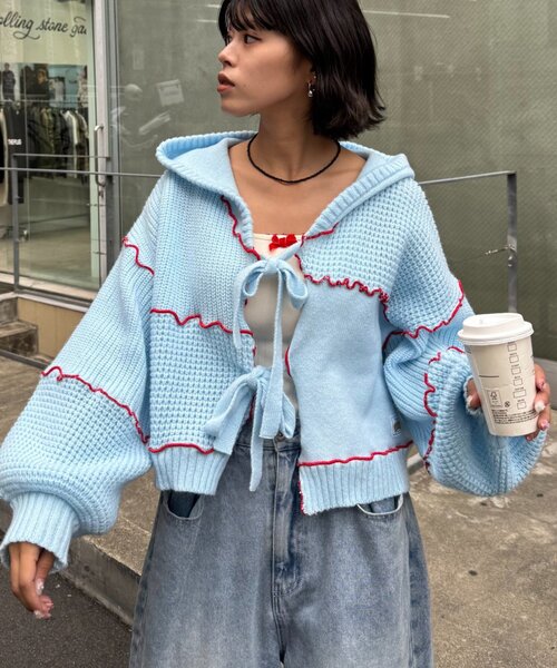 HELLO.SANFRANCISCO（ハローサンフランシスコ）の「★【HELLO.SANFRANCISCO/ハローサンフランシスコ】配色メローパッチワークフーディーカーデ（カーディガン/ボレロ・レディース・イエロー/ブルー/グレー/オフホワイト・ONE SIZE）」の17枚目の写真