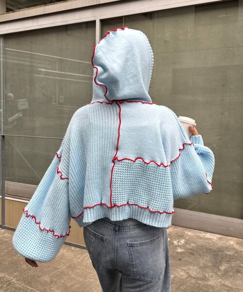 HELLO.SANFRANCISCO（ハローサンフランシスコ）の「★【HELLO.SANFRANCISCO/ハローサンフランシスコ】配色メローパッチワークフーディーカーデ（カーディガン/ボレロ・レディース・イエロー/ブルー/グレー/オフホワイト・ONE SIZE）」の19枚目の写真