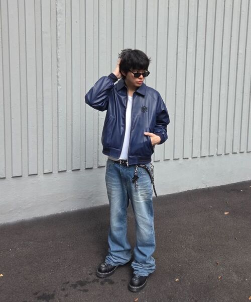 セール】SPRAY LEATHER JACKET (NAVY)（ライダースジャケット