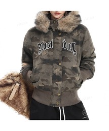 Dalfwin（ダールフィン）の「韓国ファッション カモフラ柄ファー付きショート丈フードブルゾン（ブルゾン）」