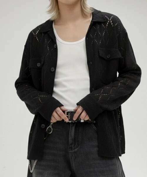 BENUSTA(ベヌスタ)の「A'GEM/9 × .kom 『BENUSTA/ベヌスタ』 CUTWORK DIAMOND SHIRT JACKET/カットワーク ダイヤモンド シャツジャケット(シャツ/ブラウス・メンズ・ブラック/ブラウン・FREE)」の1枚目の写真