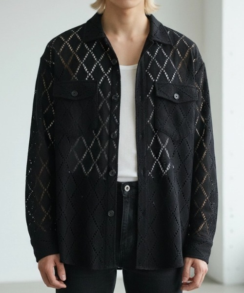 BENUSTA(ベヌスタ)の「A'GEM/9 × .kom 『BENUSTA/ベヌスタ』 CUTWORK DIAMOND SHIRT JACKET/カットワーク ダイヤモンド シャツジャケット(シャツ/ブラウス・メンズ・ブラック/ブラウン・FREE)」の3枚目の写真