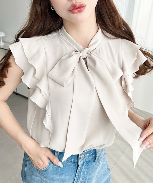 セール】厚手シフォンラッフルフリルボウタイブラウス（シャツ