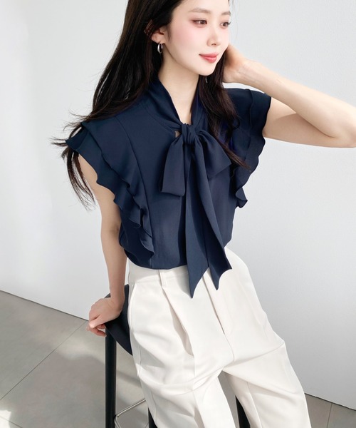 セール】厚手シフォンラッフルフリルボウタイブラウス（シャツ