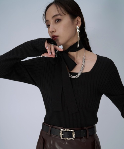 HARE（ハレ）の「ボウタイニットトップス(HARE)（ニット/セーター・レディース・ブラック/ライトブルー・FREE）」の2枚目の写真