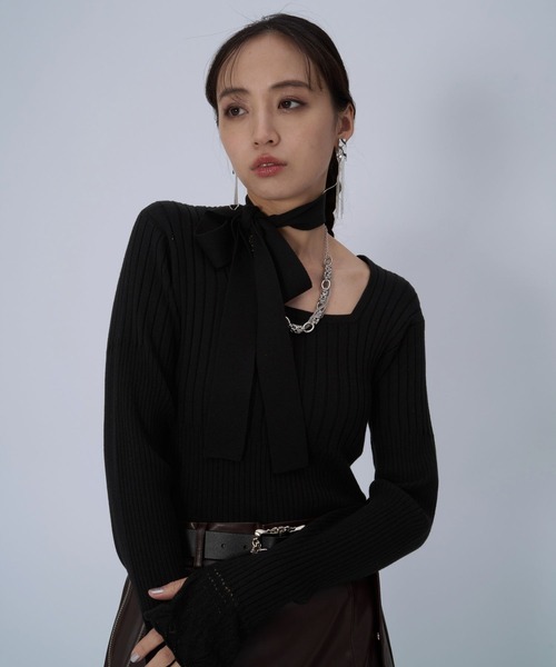 HARE（ハレ）の「ボウタイニットトップス(HARE)（ニット/セーター・レディース・ブラック/ライトブルー・FREE）」の17枚目の写真