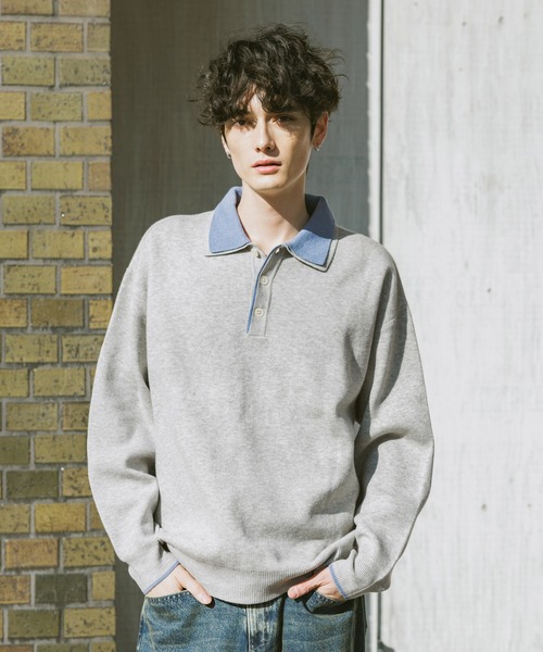RAGEBLUE(レイジブルー)の「DOUBLE COLLAR KNIT POLO SHIRTS / ダブルカラーソフトタッチニットポロ(ニット/セーター・メンズ・グレー/サックスブルー/ブラック/ベージュ・SMALL/LARGE/MEDIUM)」の3枚目の写真