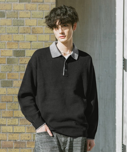 RAGEBLUE(レイジブルー)の「DOUBLE COLLAR KNIT POLO SHIRTS / ダブルカラーソフトタッチニットポロ(ニット/セーター・メンズ・グレー/サックスブルー/ブラック/ベージュ・SMALL/LARGE/MEDIUM)」の2枚目の写真