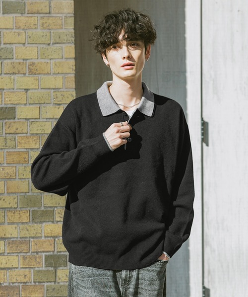 RAGEBLUE(レイジブルー)の「DOUBLE COLLAR KNIT POLO SHIRTS / ダブルカラーソフトタッチニットポロ(ニット/セーター・メンズ・グレー/サックスブルー/ブラック/ベージュ・SMALL/LARGE/MEDIUM)」の8枚目の写真