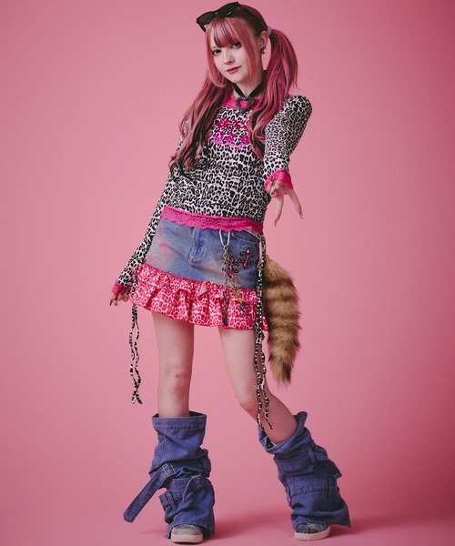 GALFY(ガルフィー)の「GALFY(ガルフィー)ギラギャル2WAYワンピ/ロンT/Tシャツワンピ/レオパード/豹柄/総柄/レース(Tシャツ/カットソー・レディース・ベージュ/ホワイト系その他/ピンク/ブラック・FREE)」の6枚目の写真
