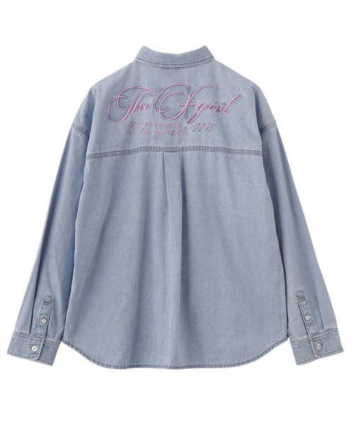 X-girl（エックスガール）の「SCRIPT LOGO BLEACHED DENIM SHIRT（シャツ/ブラウス・レディース・ブラック/ライトインディゴブルー・S/M）」の3枚目の写真