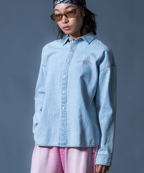 X-girl(エックスガール)の「SCRIPT LOGO BLEACHED DENIM SHIRT(シャツ/ブラウス・レディース・ブラック/ライトインディゴブルー・S/M)」の10枚目の写真
