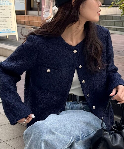 fredy emue(フレディエミュ)の「ノーカラーツィードジャケット(ノーカラージャケット・レディース・イエロー/オフホワイト/ネイビー・38)」の1枚目の写真