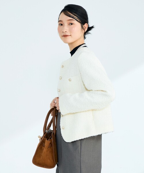 fredy emue(フレディエミュ)の「ノーカラーツィードジャケット(ノーカラージャケット・レディース・イエロー/オフホワイト/ネイビー・38)」の2枚目の写真