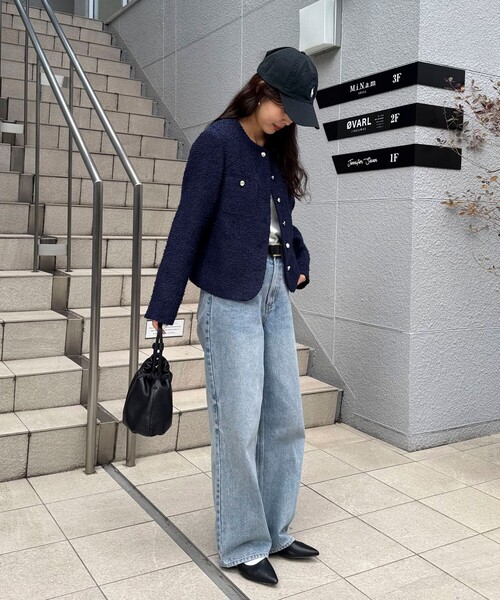 fredy emue(フレディエミュ)の「ノーカラーツィードジャケット(ノーカラージャケット・レディース・イエロー/オフホワイト/ネイビー・38)」の5枚目の写真