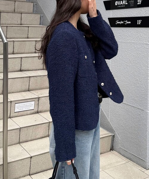 fredy emue(フレディエミュ)の「ノーカラーツィードジャケット(ノーカラージャケット・レディース・イエロー/オフホワイト/ネイビー・38)」の7枚目の写真