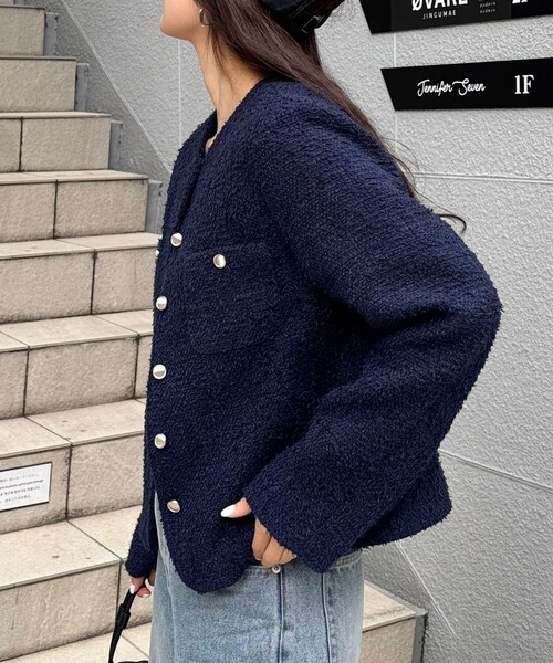 fredy emue(フレディエミュ)の「ノーカラーツィードジャケット(ノーカラージャケット・レディース・イエロー/オフホワイト/ネイビー・38)」の8枚目の写真