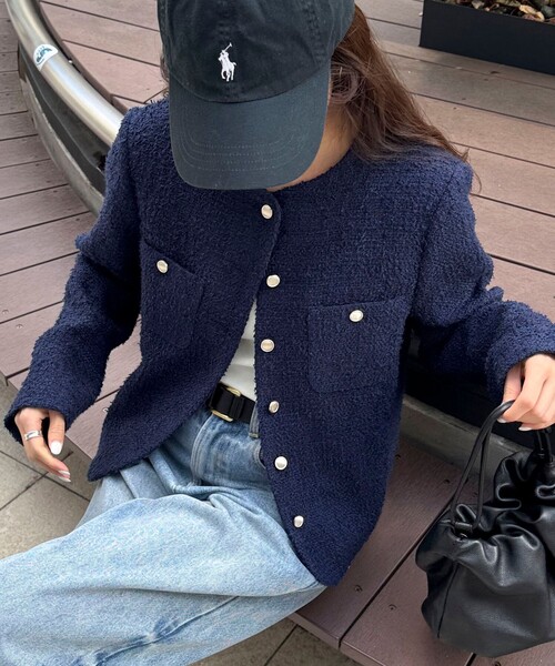 fredy emue(フレディエミュ)の「ノーカラーツィードジャケット(ノーカラージャケット・レディース・イエロー/オフホワイト/ネイビー・38)」の9枚目の写真