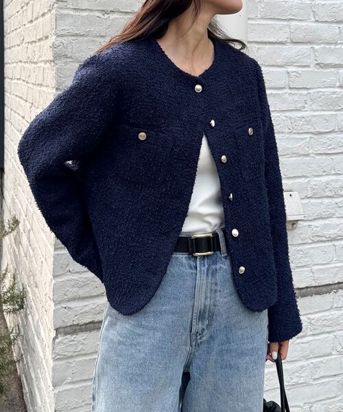 fredy emue(フレディエミュ)の「ノーカラーツィードジャケット(ノーカラージャケット・レディース・イエロー/オフホワイト/ネイビー・38)」の10枚目の写真