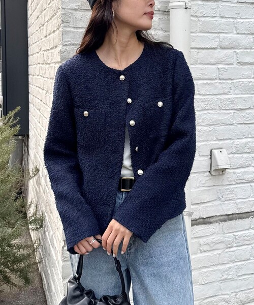 fredy emue(フレディエミュ)の「ノーカラーツィードジャケット(ノーカラージャケット・レディース・イエロー/オフホワイト/ネイビー・38)」の11枚目の写真