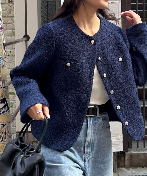 fredy emue(フレディエミュ)の「ノーカラーツィードジャケット(ノーカラージャケット・レディース・イエロー/オフホワイト/ネイビー・38)」の13枚目の写真