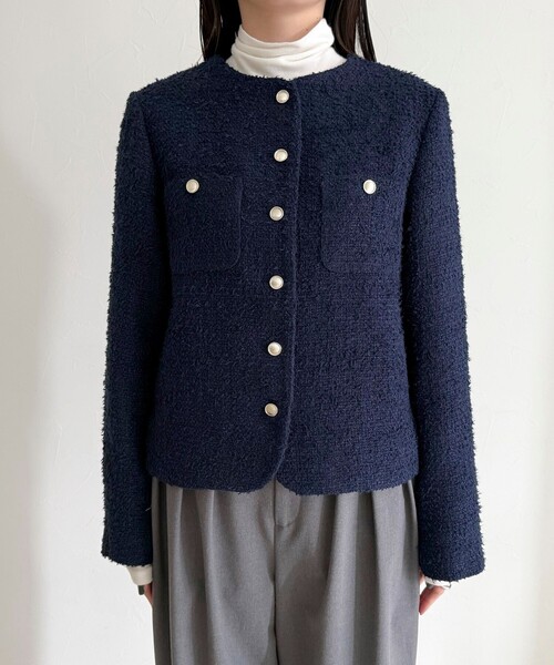 fredy emue(フレディエミュ)の「ノーカラーツィードジャケット(ノーカラージャケット・レディース・イエロー/オフホワイト/ネイビー・38)」の14枚目の写真