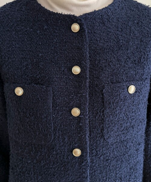 fredy emue(フレディエミュ)の「ノーカラーツィードジャケット(ノーカラージャケット・レディース・イエロー/オフホワイト/ネイビー・38)」の19枚目の写真