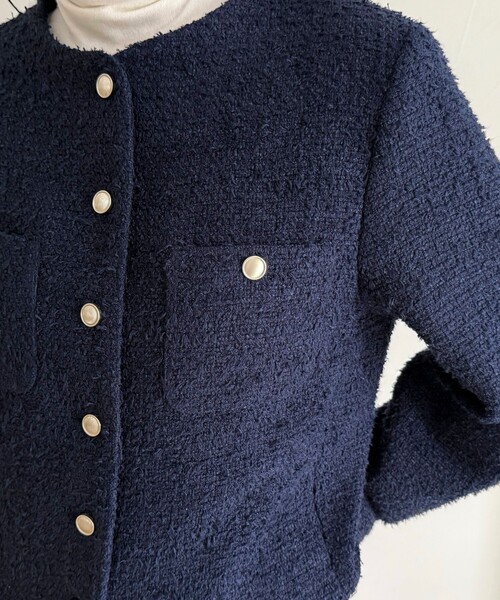 fredy emue(フレディエミュ)の「ノーカラーツィードジャケット(ノーカラージャケット・レディース・イエロー/オフホワイト/ネイビー・38)」の20枚目の写真