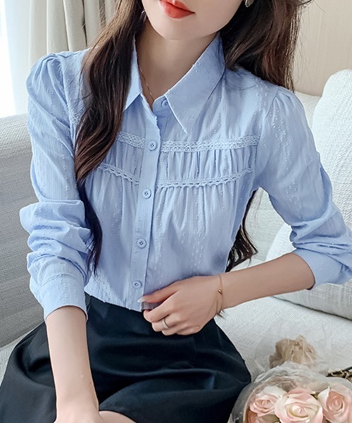 ONEP STAR(ワンピスター)の「ピンタックレース切替ブラウス(シャツ/ブラウス・レディース・ホワイト/ブルー・MEDIUM/X-LARGE/LARGE)」の4枚目の写真