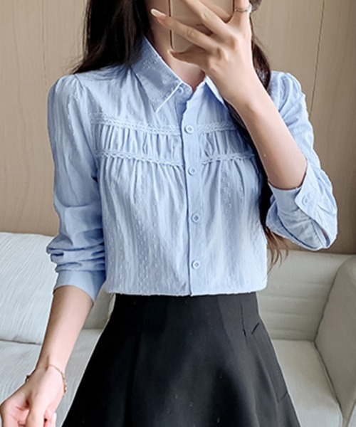 ONEP STAR(ワンピスター)の「ピンタックレース切替ブラウス(シャツ/ブラウス・レディース・ホワイト/ブルー・MEDIUM/X-LARGE/LARGE)」の6枚目の写真