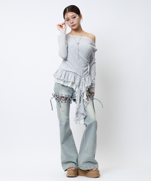 SPIRALGIRL(スパイラルガール)の「イレヘムワンショルレーストップス(Tシャツ/カットソー・レディース・ブラック/グレー/ホワイト・FREE)」の9枚目の写真