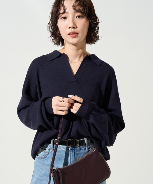セール】限定展開 スキッパー ポロ襟 ロングスリーブ ニットプル