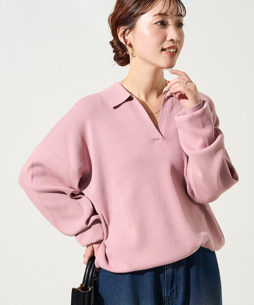 セール】限定展開 スキッパー ポロ襟 ロングスリーブ ニットプル
