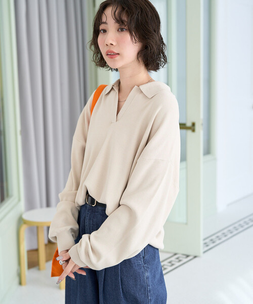 FREAK'S STORE（フリークスストア）の「限定展開　スキッパー ポロ襟 ロングスリーブ ニットプルオーバー（ニット/セーター・レディース・ライトグレー/ブラウン系その他/ブラック/ナチュラル/ネイビー/ピンク/ブルーグリーン・ﾌﾘ-）」の9枚目の写真