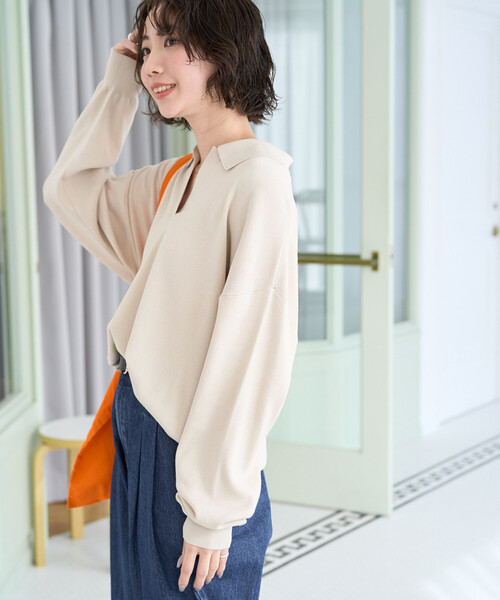 FREAK'S STORE（フリークスストア）の「限定展開　スキッパー ポロ襟 ロングスリーブ ニットプルオーバー（ニット/セーター・レディース・ライトグレー/ブラウン系その他/ブラック/ナチュラル/ネイビー/ピンク/ブルーグリーン・ﾌﾘ-）」の10枚目の写真