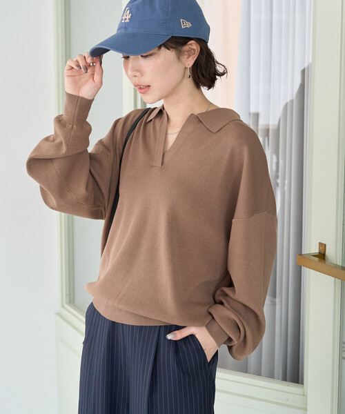 セール】限定展開 スキッパー ポロ襟 ロングスリーブ ニットプル