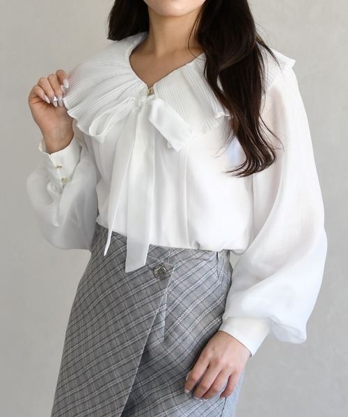 31 Sons de mode（トランテアン　ソン　ドゥ　モード）の「2026春夏新作 襟プリーツシアーブラウス（シャツ/ブラウス・レディース・ラベンダー/ブラック/オフホワイト・ﾌﾘ-）」の10枚目の写真