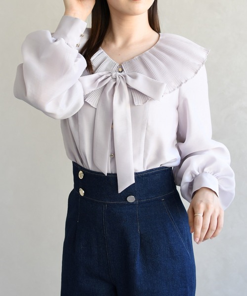 31 Sons de mode（トランテアン　ソン　ドゥ　モード）の「2026春夏新作 襟プリーツシアーブラウス（シャツ/ブラウス・レディース・ラベンダー/ブラック/オフホワイト・ﾌﾘ-）」の4枚目の写真