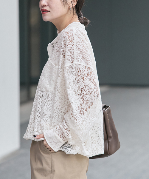 JOURNAL STANDARD（ジャーナルスタンダード）の「《WEB限定》スタンドカラーレースロングスリーブブラウス（シャツ/ブラウス・レディース・ネイビー/ホワイト・FREE）」の8枚目の写真