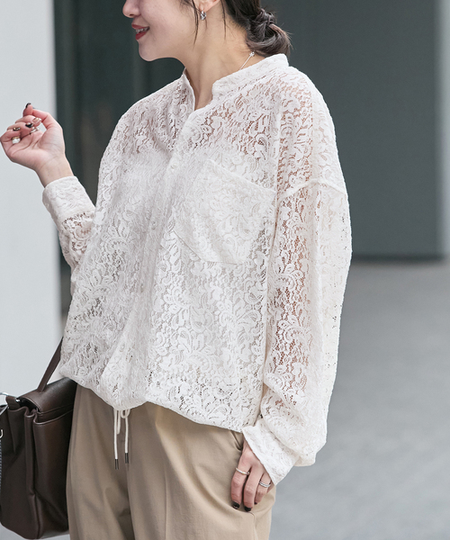 JOURNAL STANDARD（ジャーナルスタンダード）の「《WEB限定》スタンドカラーレースロングスリーブブラウス（シャツ/ブラウス・レディース・ネイビー/ホワイト・FREE）」の9枚目の写真