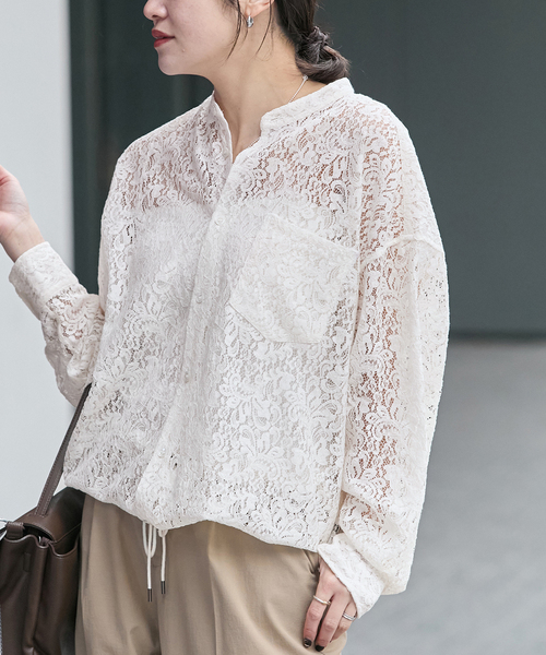 JOURNAL STANDARD（ジャーナルスタンダード）の「《WEB限定》スタンドカラーレースロングスリーブブラウス（シャツ/ブラウス・レディース・ネイビー/ホワイト・FREE）」の10枚目の写真