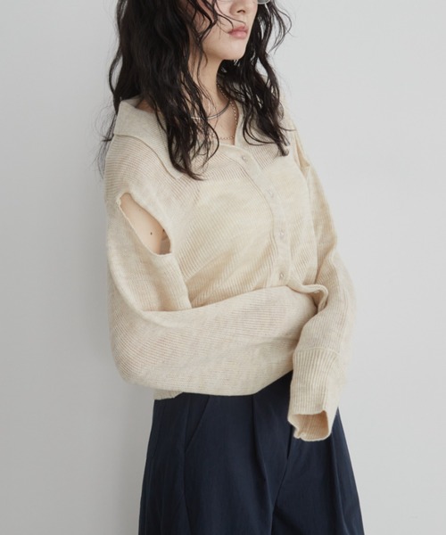 Aunt Marie's(アントマリーズ)の「カットアウトポロトップス/ニット(ニット/セーター・レディース・チャコールグレー/ナチュラル/パープル/グリーン・FREE)」の20枚目の写真
