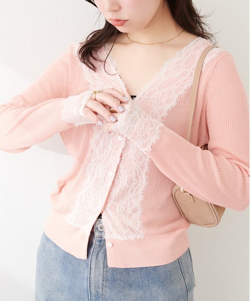 natural couture(ナチュラルクチュール)の「リバーレースVネックカーデ(カーディガン/ボレロ・レディース・サックスブルー/オレンジ系その他/オフホワイト/ネイビー/ミント/ラベンダー・FREE)」の6枚目の写真