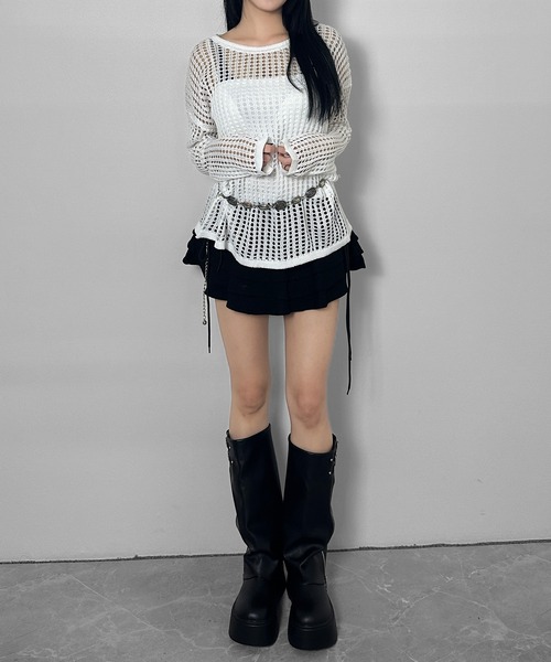 FOLLOWIN(フォロウィン)の「【キャミ&チェーンベルト付き】メッシュオーバーニット (3点セット)(ニット/セーター・レディース・ホワイト/ブラック/ベージュ・FREE)」の5枚目の写真